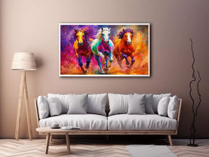 abstract colorful horses running painting, vibrant horse trio wall art, modern abstract horse canvas artwork, colorful animal painting for living room