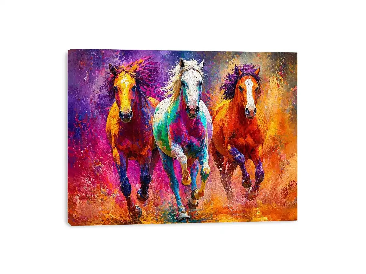 abstract colorful horses running painting, vibrant horse trio wall art, modern abstract horse canvas artwork, colorful animal painting for living room
