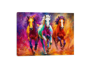 abstract colorful horses running painting, vibrant horse trio wall art, modern abstract horse canvas artwork, colorful animal painting for living room