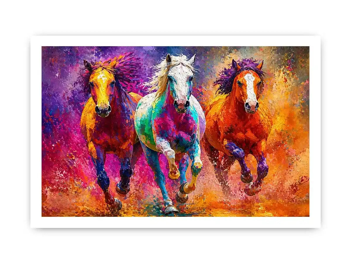 abstract colorful horses running painting, vibrant horse trio wall art, modern abstract horse canvas artwork, colorful animal painting for living room