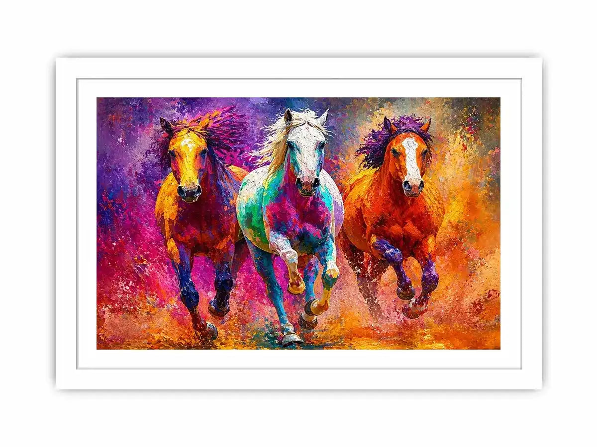 abstract colorful horses running painting, vibrant horse trio wall art, modern abstract horse canvas artwork, colorful animal painting for living room