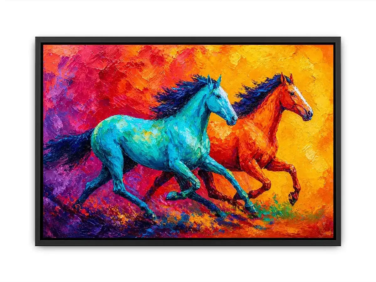 abstract running horses painting, colorful horse duo wall art, vibrant modern horse canvas art, bold animal artwork for living room