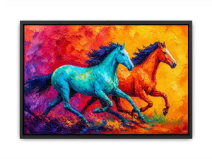 abstract running horses painting, colorful horse duo wall art, vibrant modern horse canvas art, bold animal artwork for living room