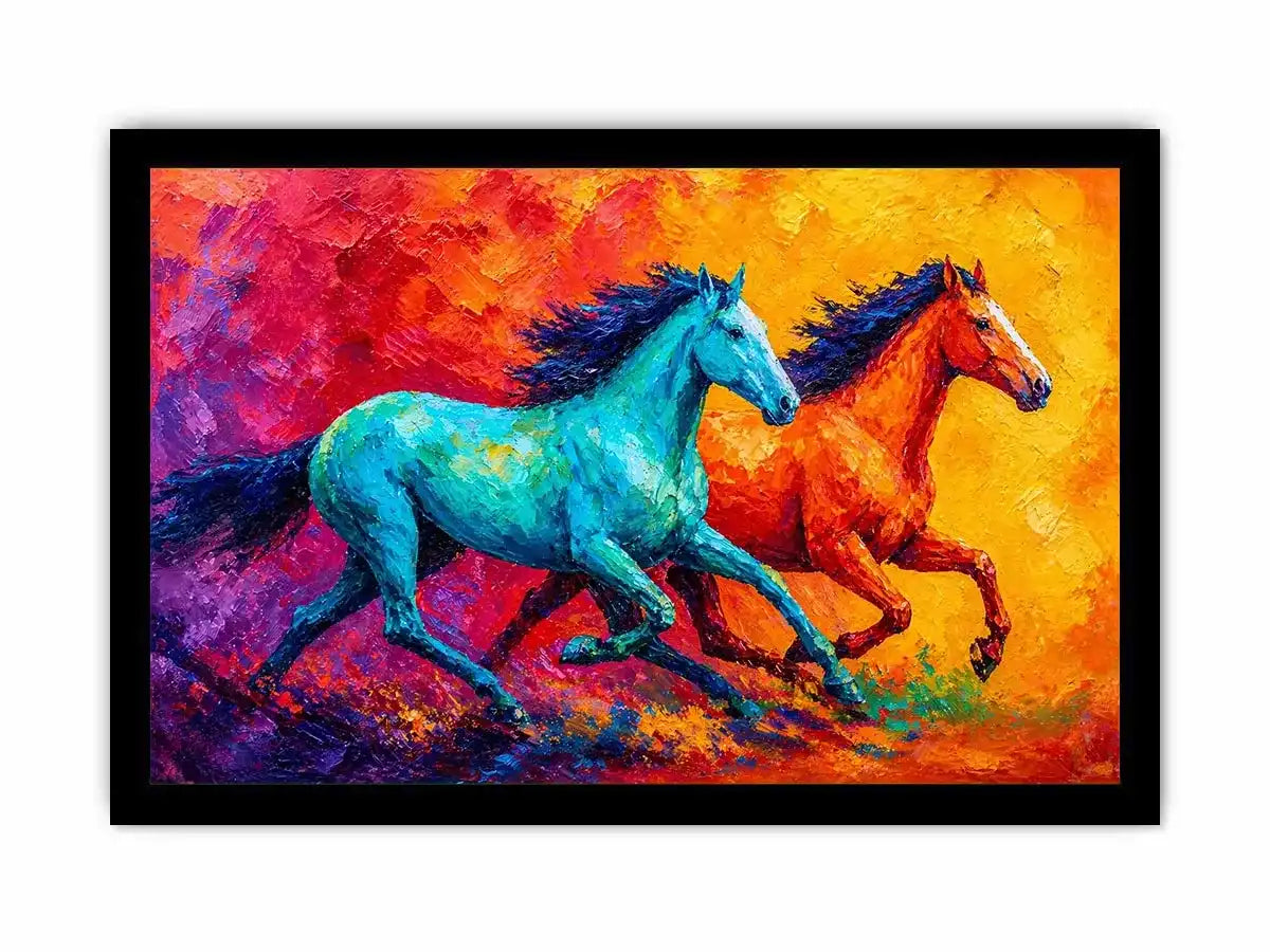 abstract running horses painting, colorful horse duo wall art, vibrant modern horse canvas art, bold animal artwork for living room