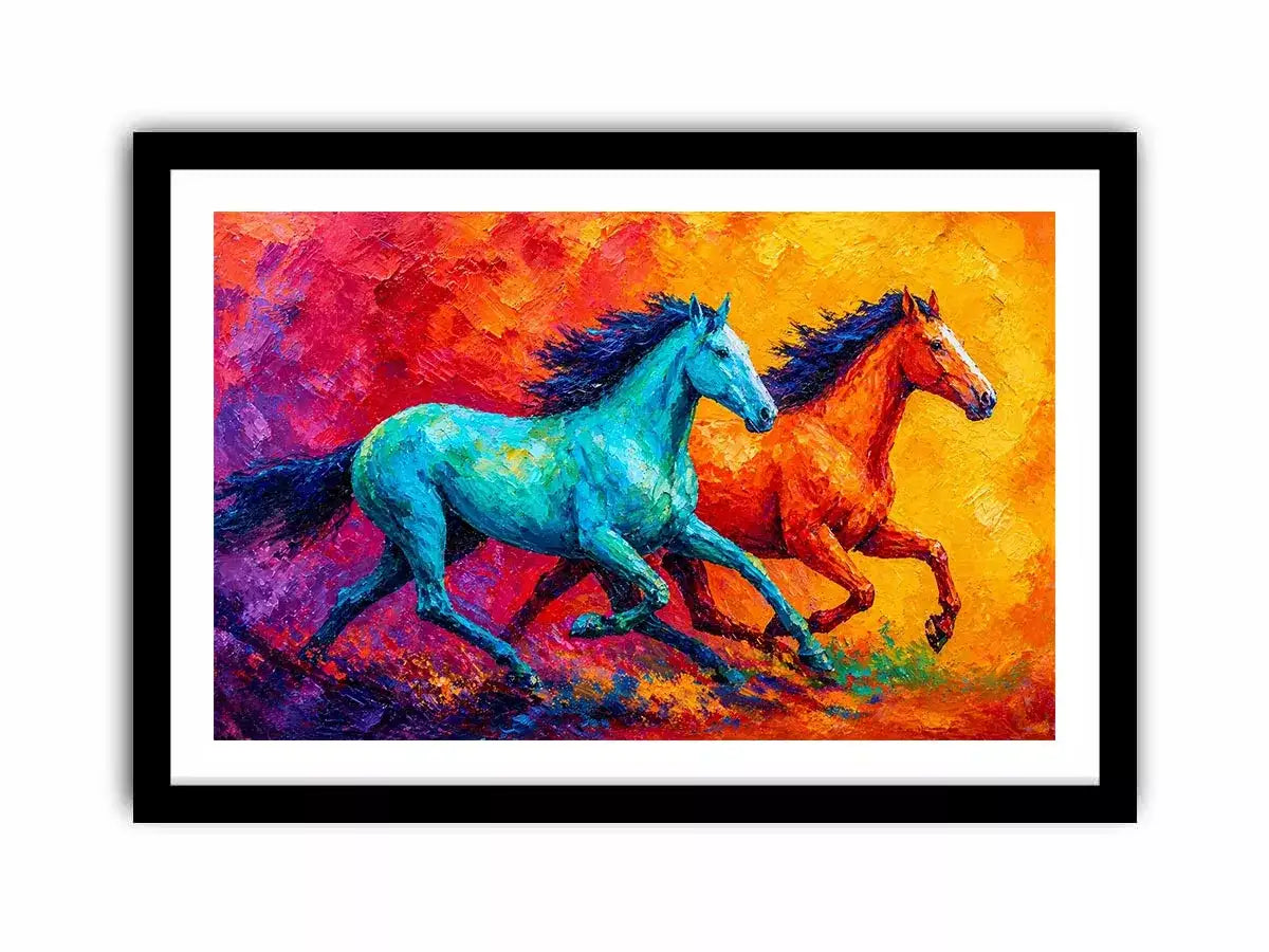abstract running horses painting, colorful horse duo wall art, vibrant modern horse canvas art, bold animal artwork for living room