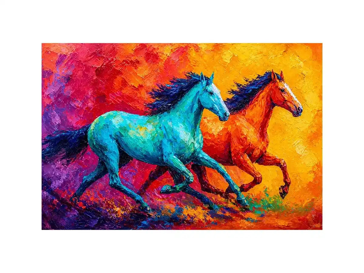 abstract running horses painting, colorful horse duo wall art, vibrant modern horse canvas art, bold animal artwork for living room