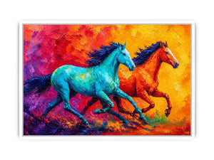 abstract running horses painting, colorful horse duo wall art, vibrant modern horse canvas art, bold animal artwork for living room