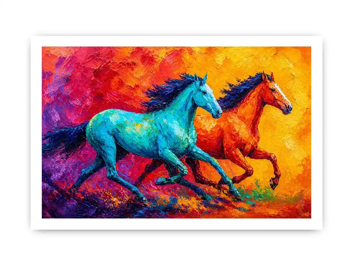 abstract running horses painting, colorful horse duo wall art, vibrant modern horse canvas art, bold animal artwork for living room