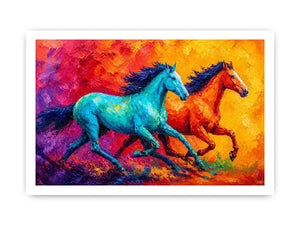 abstract running horses painting, colorful horse duo wall art, vibrant modern horse canvas art, bold animal artwork for living room