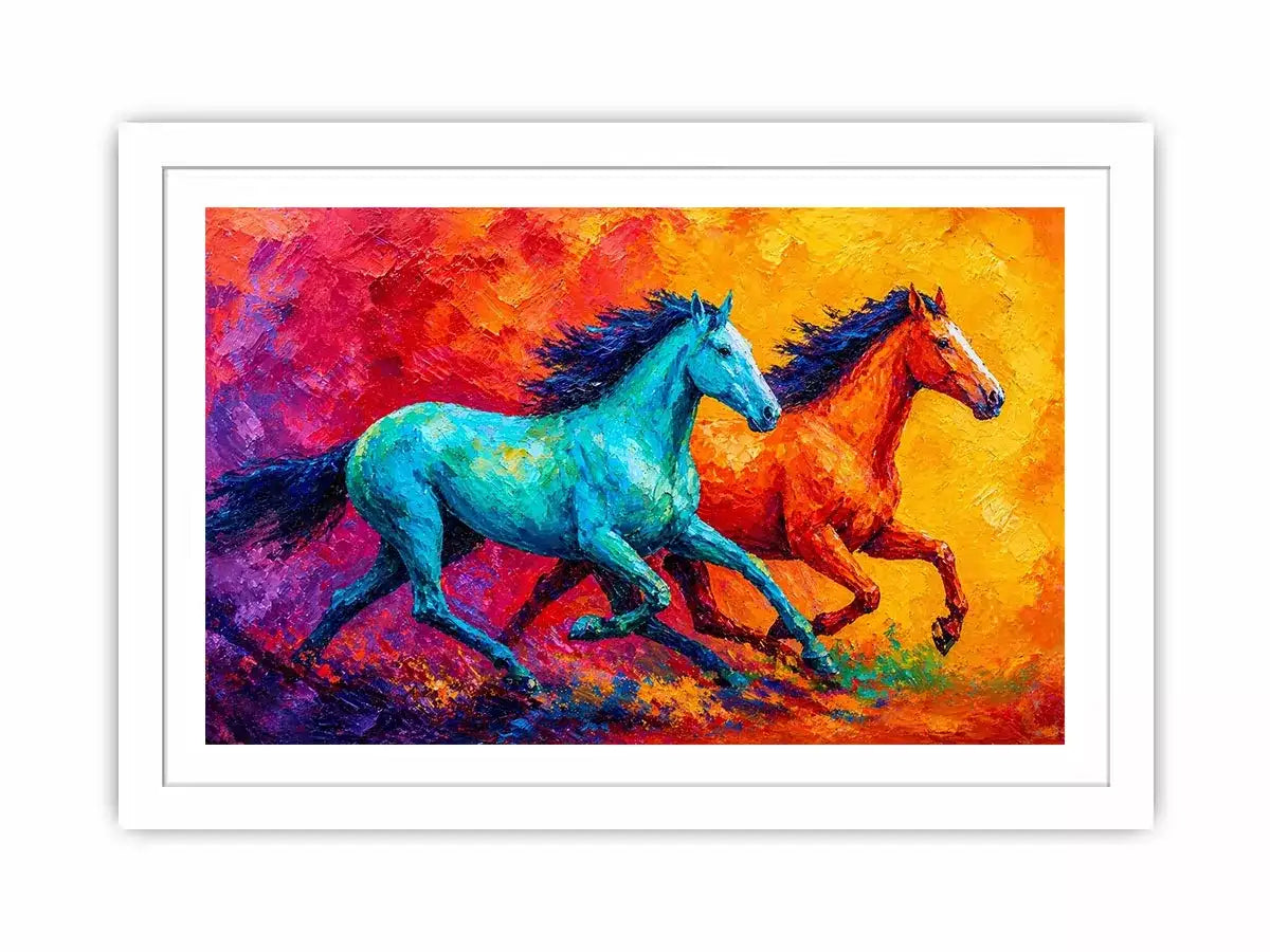 abstract running horses painting, colorful horse duo wall art, vibrant modern horse canvas art, bold animal artwork for living room