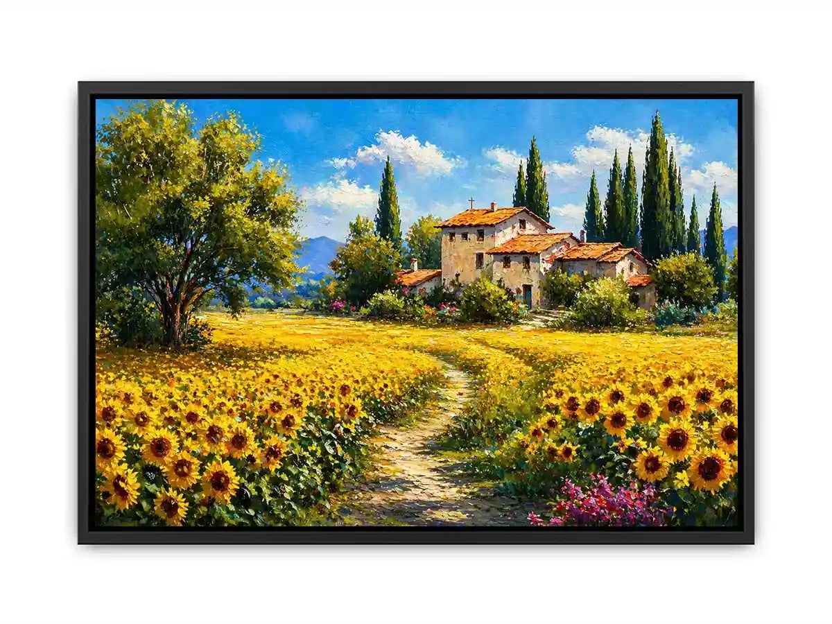 sunflower field villa painting, tuscan landscape wall art, mediterranean countryside canvas, yellow flower field artwork