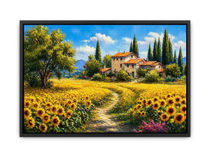 sunflower field villa painting, tuscan landscape wall art, mediterranean countryside canvas, yellow flower field artwork