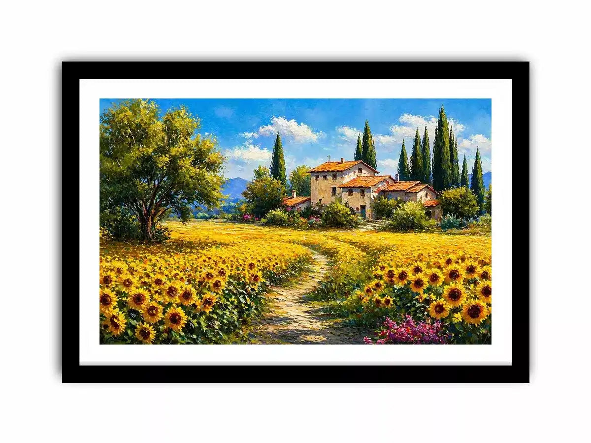 sunflower field villa painting, tuscan landscape wall art, mediterranean countryside canvas, yellow flower field artwork