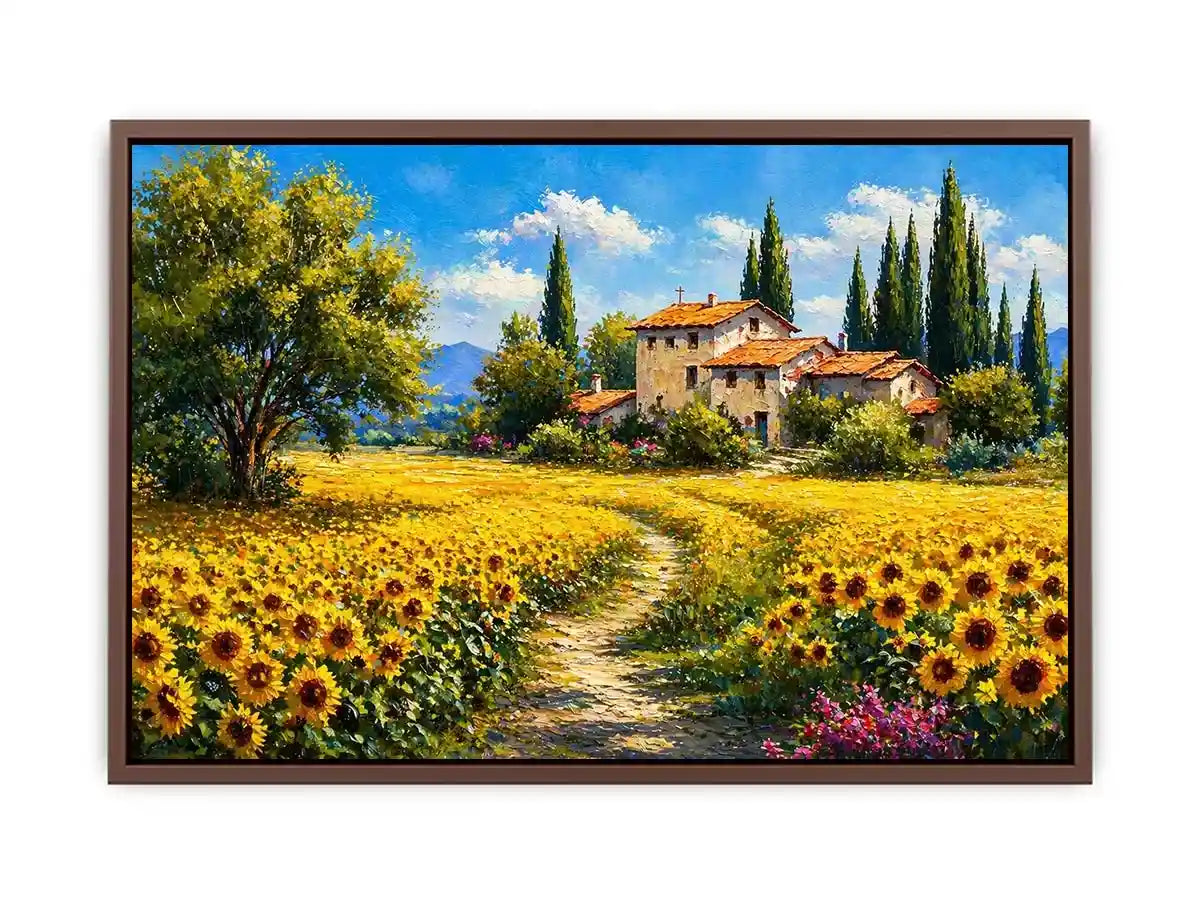 sunflower field villa painting, tuscan landscape wall art, mediterranean countryside canvas, yellow flower field artwork