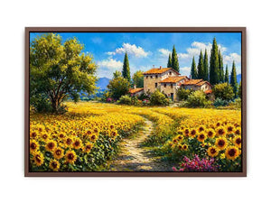 sunflower field villa painting, tuscan landscape wall art, mediterranean countryside canvas, yellow flower field artwork