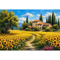 sunflower field villa painting, tuscan landscape wall art, mediterranean countryside canvas, yellow flower field artwork