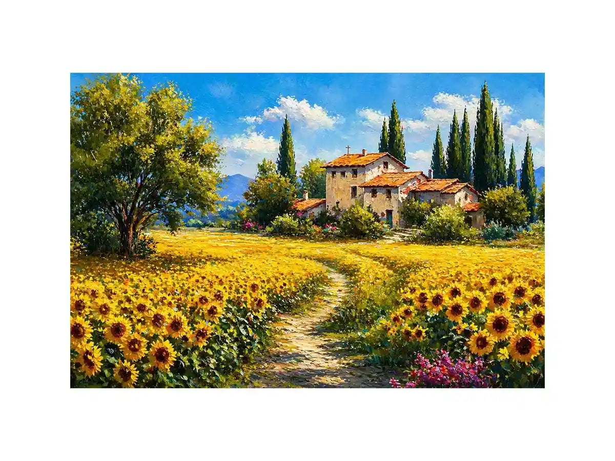 sunflower field villa painting, tuscan landscape wall art, mediterranean countryside canvas, yellow flower field artwork