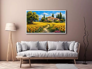 sunflower field villa painting, tuscan landscape wall art, mediterranean countryside canvas, yellow flower field artwork