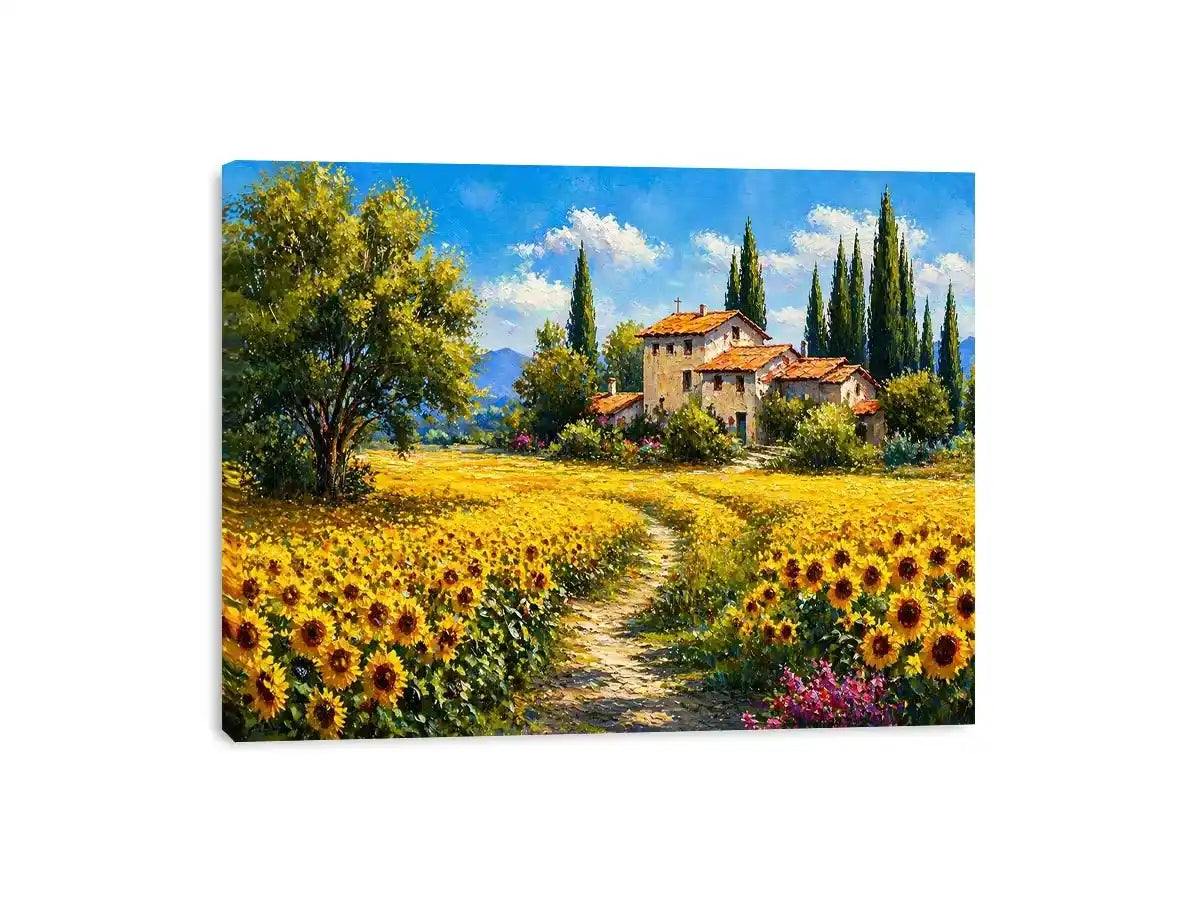 sunflower field villa painting, tuscan landscape wall art, mediterranean countryside canvas, yellow flower field artwork
