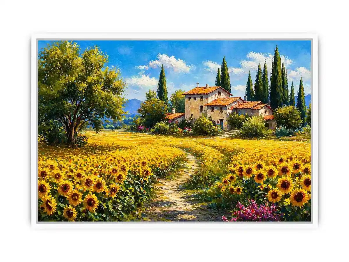 sunflower field villa painting, tuscan landscape wall art, mediterranean countryside canvas, yellow flower field artwork