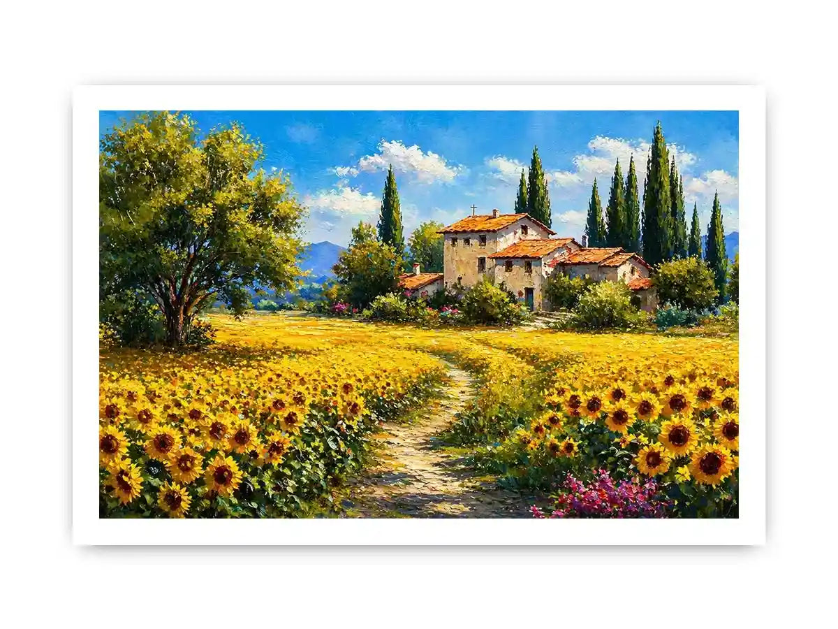 sunflower field villa painting, tuscan landscape wall art, mediterranean countryside canvas, yellow flower field artwork
