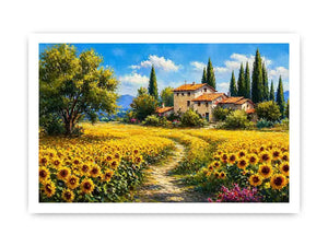 sunflower field villa painting, tuscan landscape wall art, mediterranean countryside canvas, yellow flower field artwork