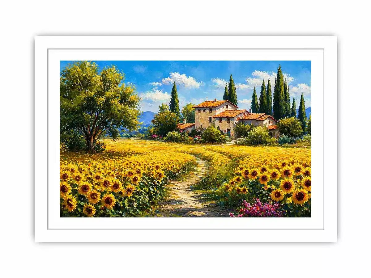 sunflower field villa painting, tuscan landscape wall art, mediterranean countryside canvas, yellow flower field artwork