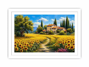 sunflower field villa painting, tuscan landscape wall art, mediterranean countryside canvas, yellow flower field artwork