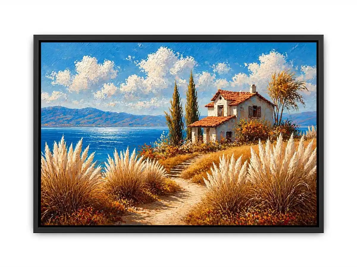 coastal cottage painting ocean view, mediterranean seaside wall art, neutral coastal landscape canvas, beach house aesthetic artwork
