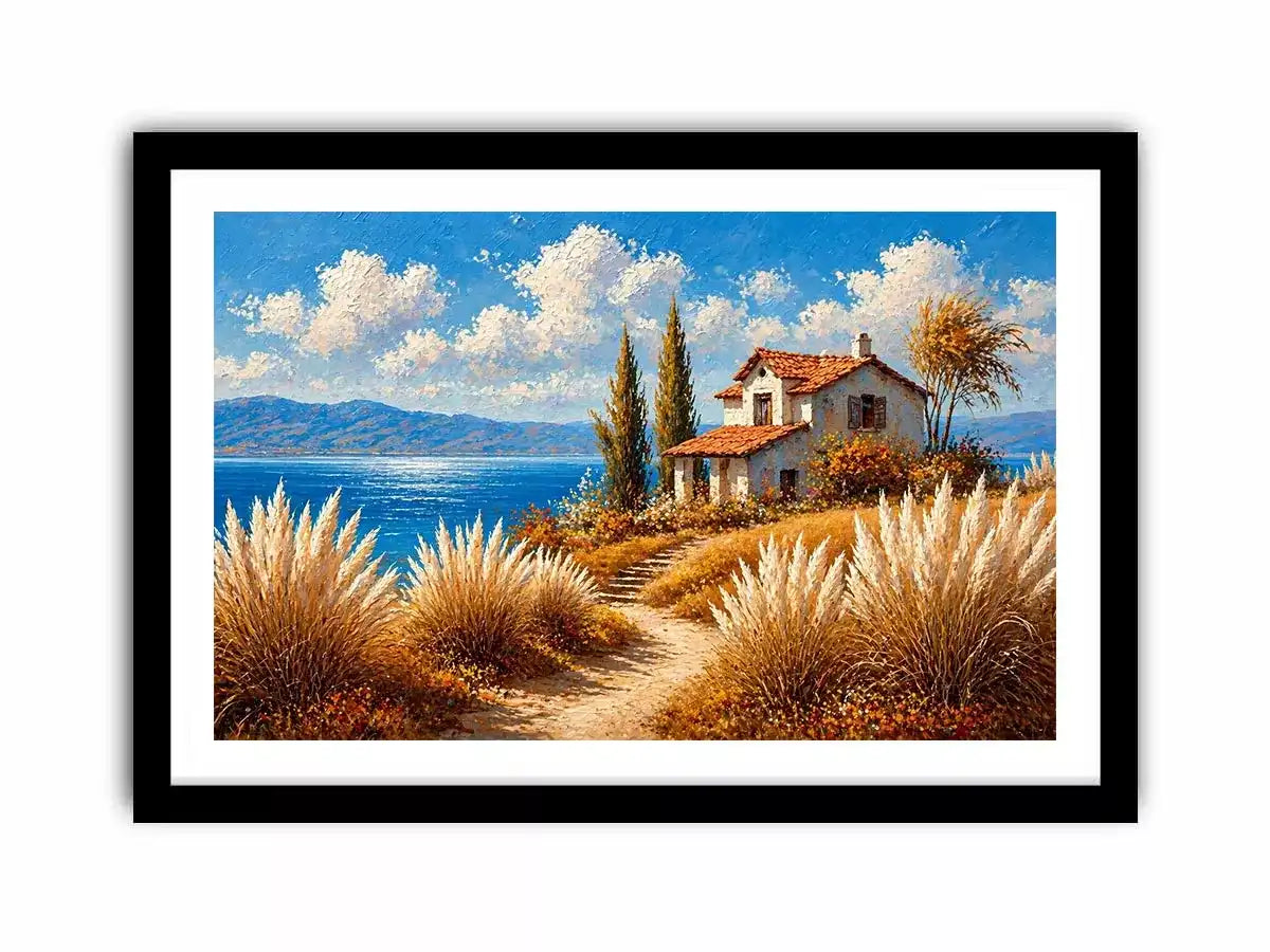 coastal cottage painting ocean view, mediterranean seaside wall art, neutral coastal landscape canvas, beach house aesthetic artwork