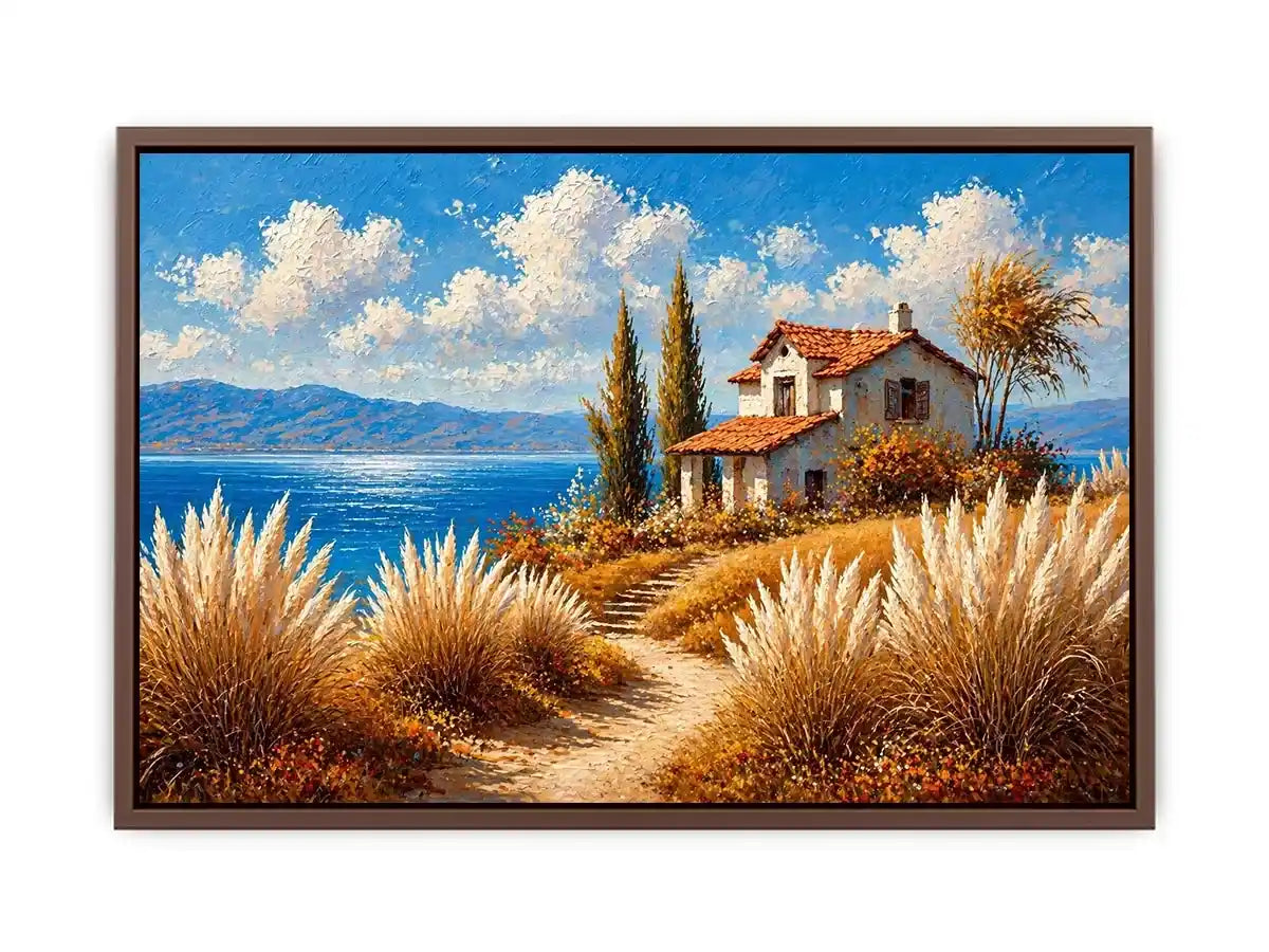 coastal cottage painting ocean view, mediterranean seaside wall art, neutral coastal landscape canvas, beach house aesthetic artwork