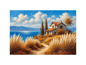 coastal cottage painting ocean view, mediterranean seaside wall art, neutral coastal landscape canvas, beach house aesthetic artwork