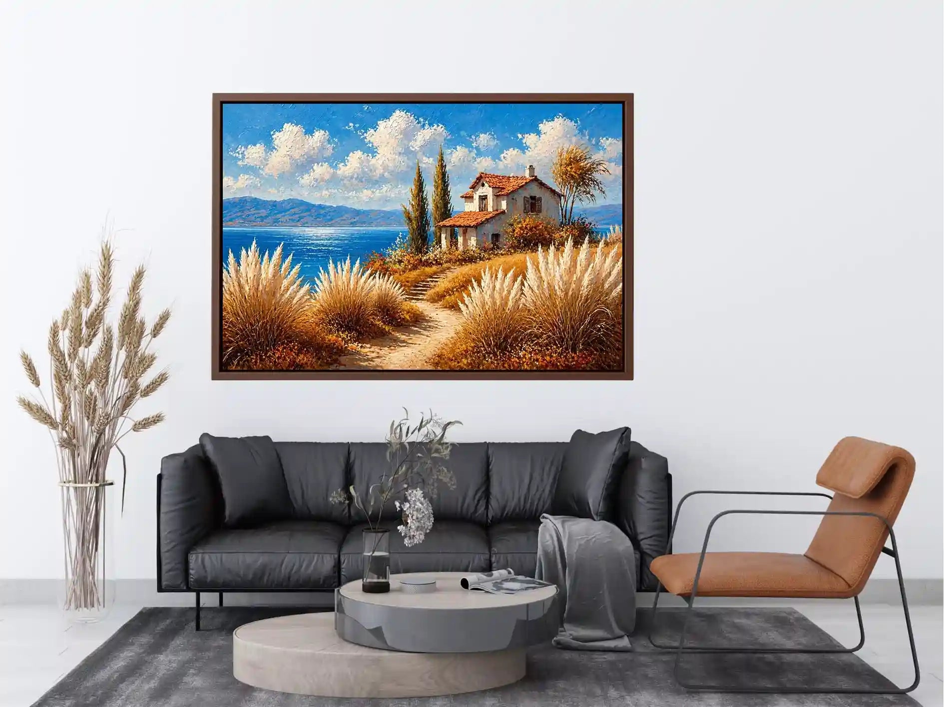 coastal cottage painting ocean view, mediterranean seaside wall art, neutral coastal landscape canvas, beach house aesthetic artwork