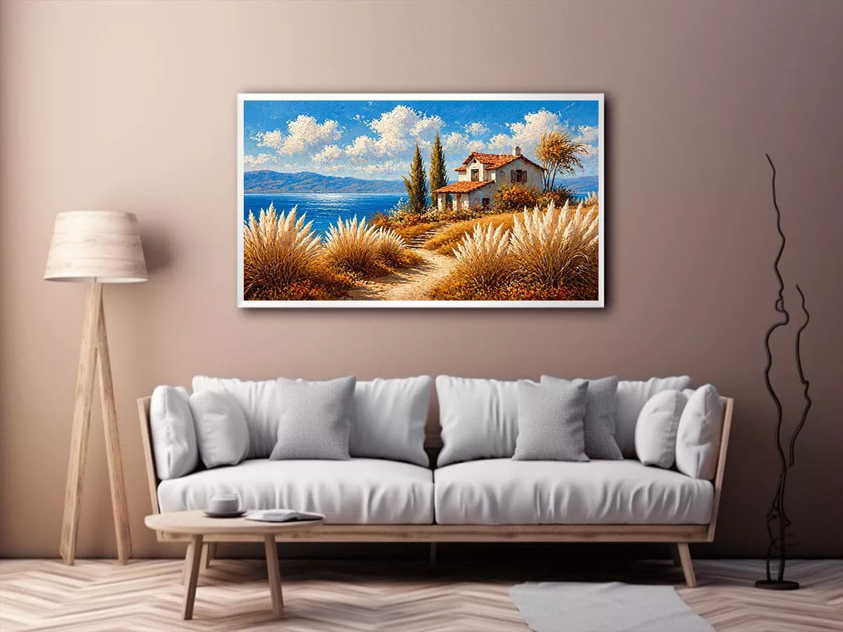 coastal cottage painting ocean view, mediterranean seaside wall art, neutral coastal landscape canvas, beach house aesthetic artwork