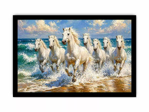 white horses beach painting, horses running ocean waves art, coastal horse wall art canvas, seascape horse painting modern