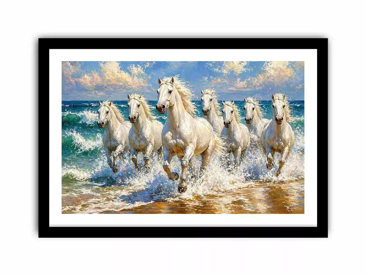 white horses beach painting, horses running ocean waves art, coastal horse wall art canvas, seascape horse painting modern