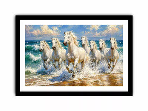 white horses beach painting, horses running ocean waves art, coastal horse wall art canvas, seascape horse painting modern