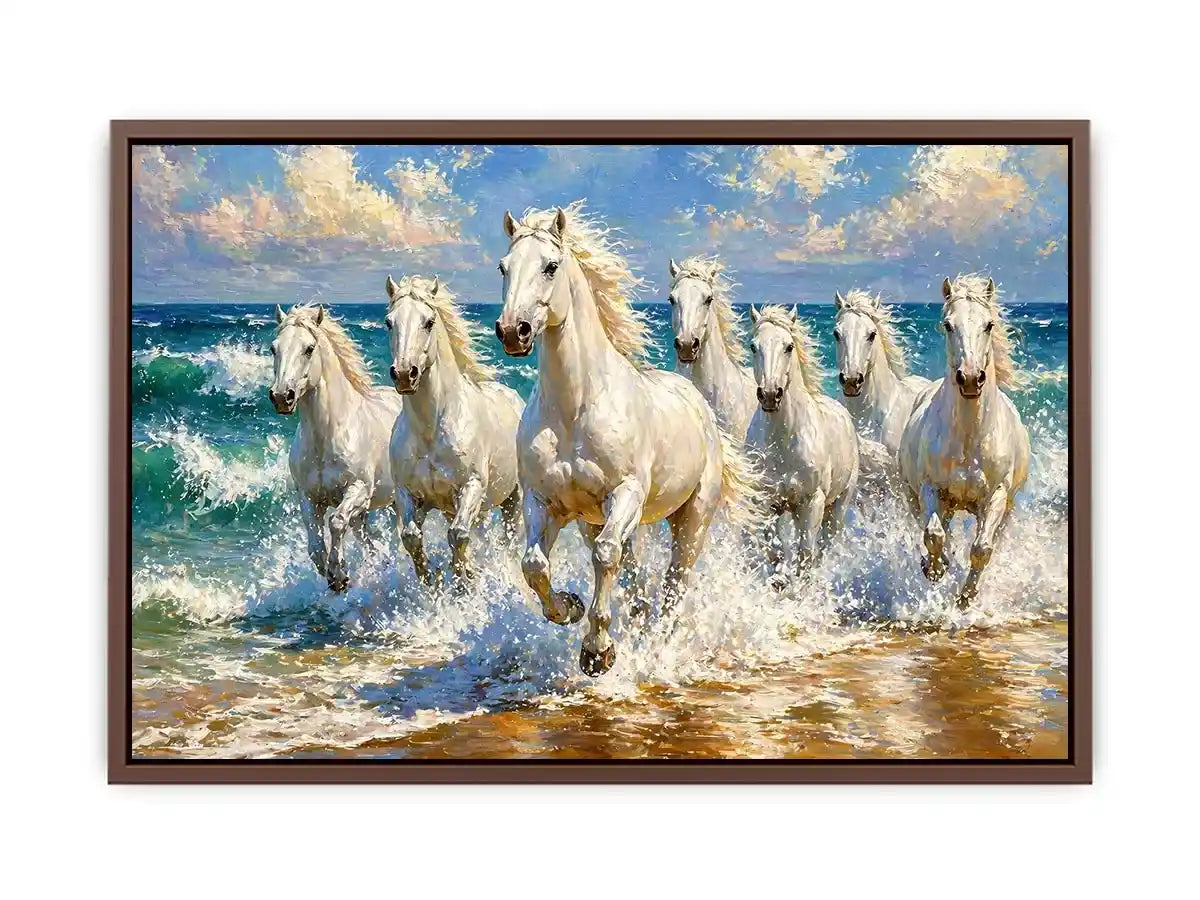 white horses beach painting, horses running ocean waves art, coastal horse wall art canvas, seascape horse painting modern