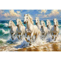 white horses beach painting, horses running ocean waves art, coastal horse wall art canvas, seascape horse painting modern