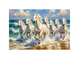 white horses beach painting, horses running ocean waves art, coastal horse wall art canvas, seascape horse painting modern