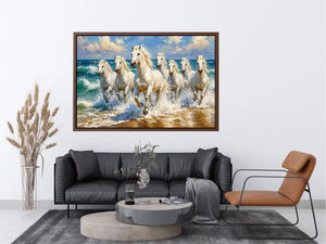 white horses beach painting, horses running ocean waves art, coastal horse wall art canvas, seascape horse painting modern