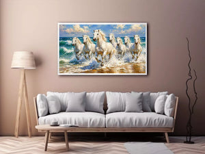 white horses beach painting, horses running ocean waves art, coastal horse wall art canvas, seascape horse painting modern
