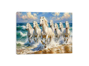 white horses beach painting, horses running ocean waves art, coastal horse wall art canvas, seascape horse painting modern