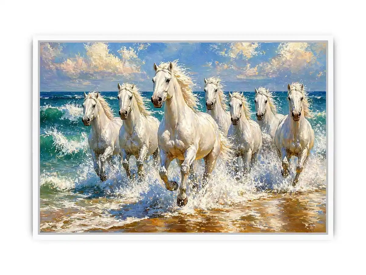 white horses beach painting, horses running ocean waves art, coastal horse wall art canvas, seascape horse painting modern