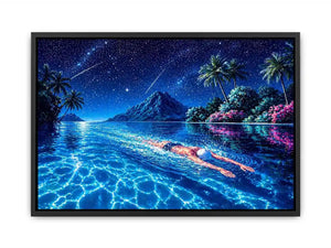 night swimming ocean painting, tropical island starry sky wall art, surreal swimmer ocean canvas, dreamy coastal night artwork