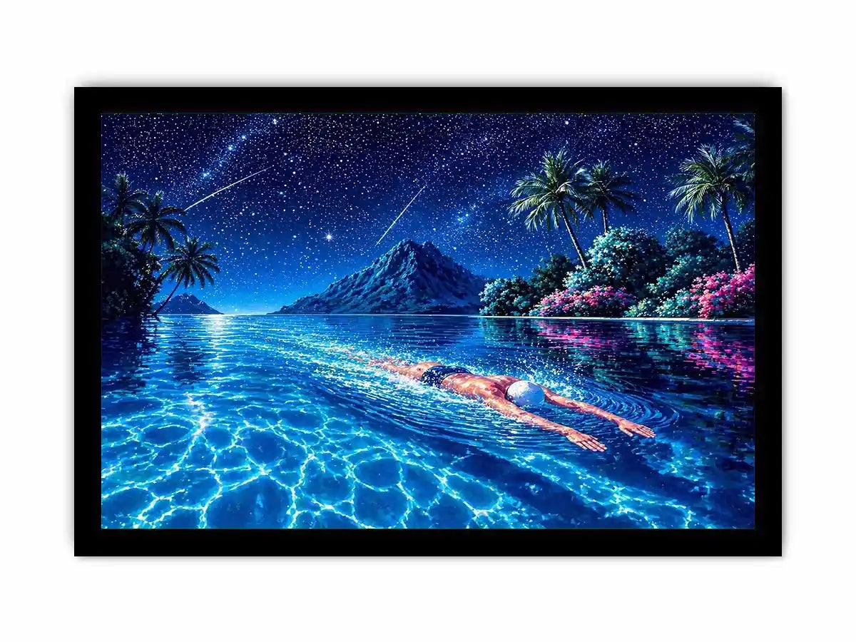 night swimming ocean painting, tropical island starry sky wall art, surreal swimmer ocean canvas, dreamy coastal night artwork