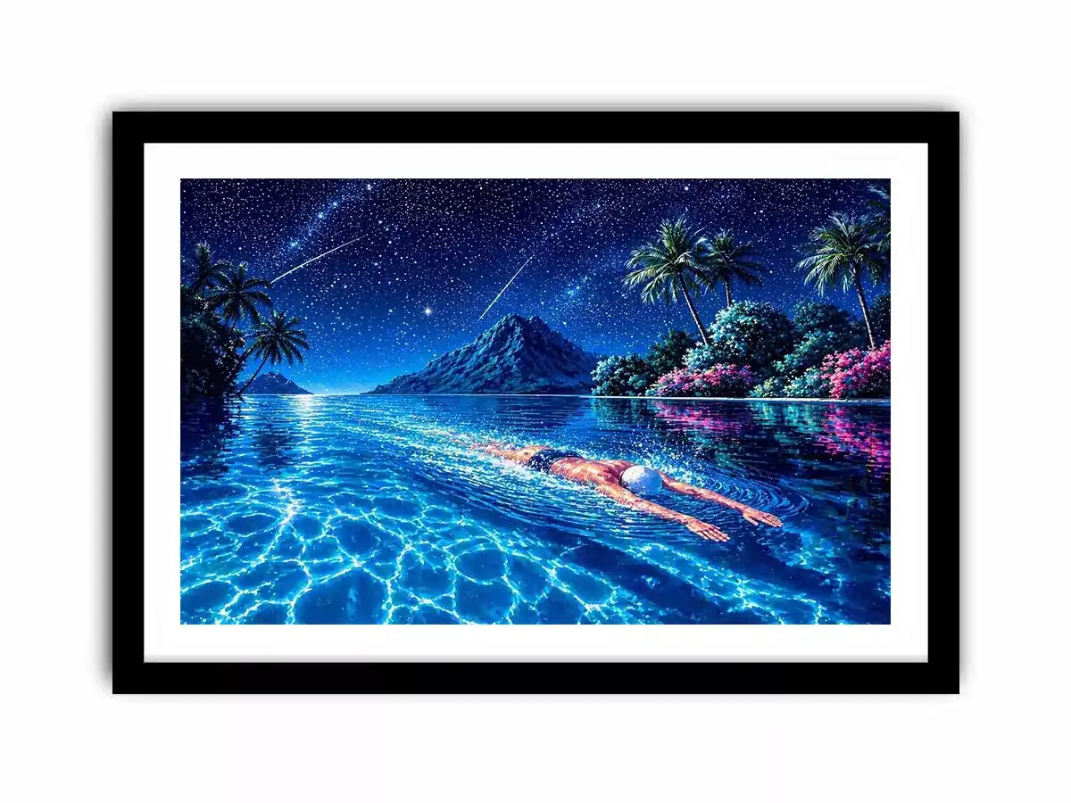 night swimming ocean painting, tropical island starry sky wall art, surreal swimmer ocean canvas, dreamy coastal night artwork
