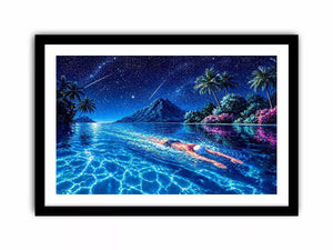 night swimming ocean painting, tropical island starry sky wall art, surreal swimmer ocean canvas, dreamy coastal night artwork