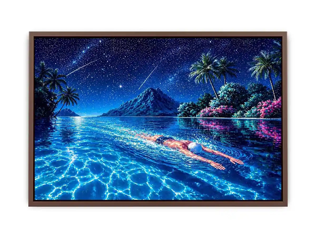 night swimming ocean painting, tropical island starry sky wall art, surreal swimmer ocean canvas, dreamy coastal night artwork