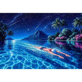 night swimming ocean painting, tropical island starry sky wall art, surreal swimmer ocean canvas, dreamy coastal night artwork